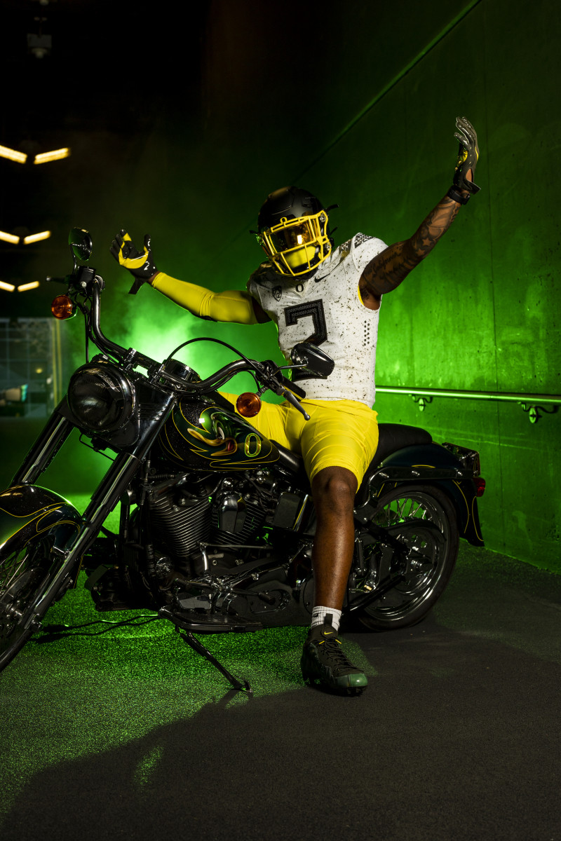 Dylan Williams poses on the Oregon Harley during a trip to Eugene.